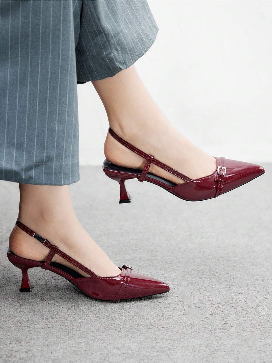 CUCCOO BIZCHIC 尖头小猫跟时尚勃艮第酒红色日常百搭通勤女士高跟鞋带踝带，适合工作、购物、办公室 - 酒紅色 - 查看 1