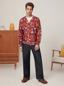 FRIENDS X SHEIN 男士休闲宽松针织披萨和咖啡图案前扣开衫，红色，圣诞节 - 酒紅色 - 查看 3