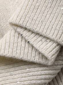 DAZY Áo khoác len cardigan màu trơn trang trí sequin lấp lánh, phong cách thanh lịch thường ngày khi đi làm dành cho nữ, mùa thu/đông, Giáng sinh - Màu be - Xem 9