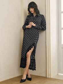 INAWLY Váy sơ mi ren chấm bi dài vừa thanh lịch dành cho nữ - Đen và trắng - Xem 4