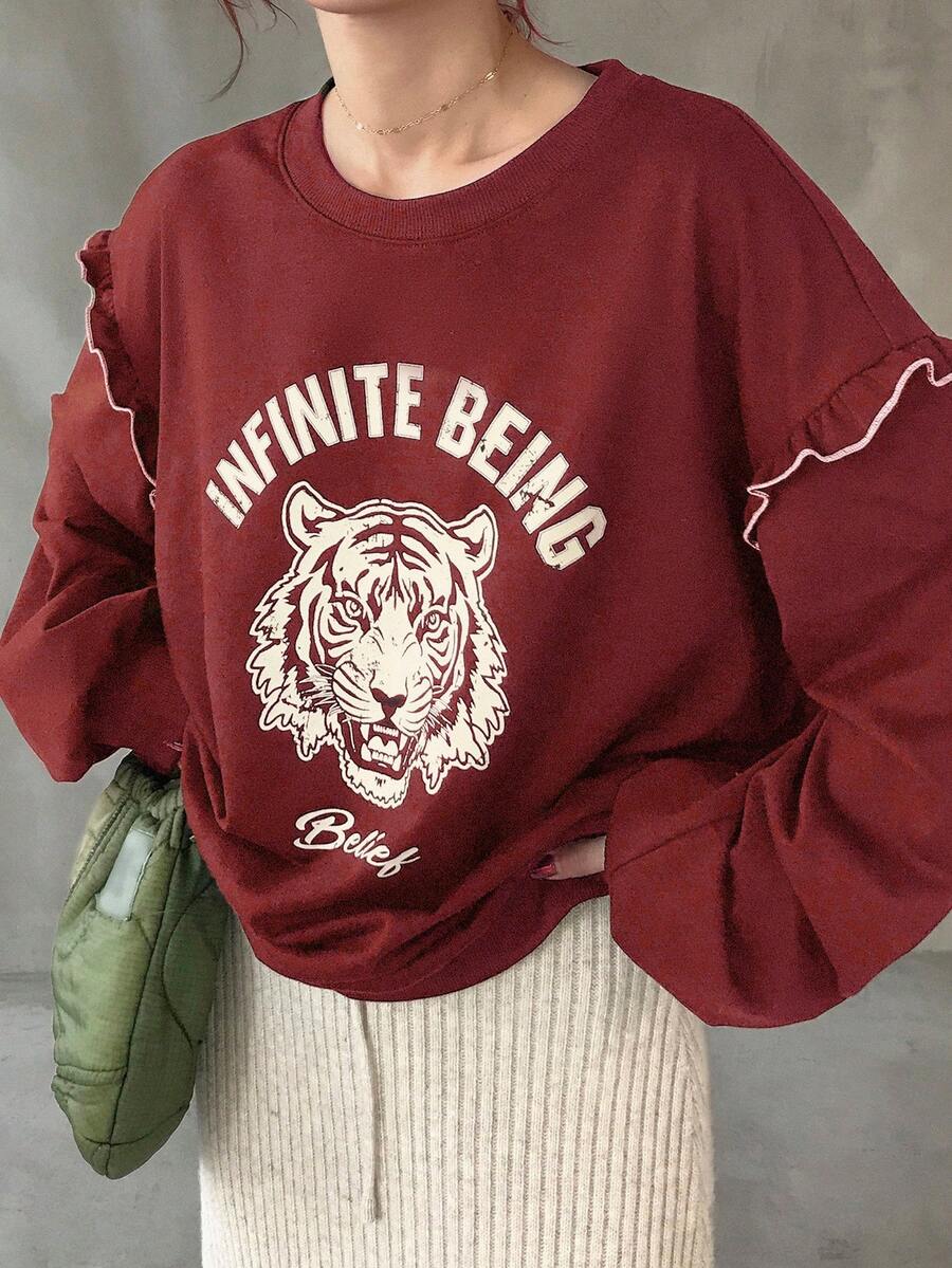 FRIFUL Women's Crew Neck Contrast Color Frill Trim Animal Letter Print Thermal Lined Contrast Color Sweatshirt, Halloween Costume, Autumn - Burgundy - View 1