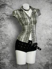 StreetHx 女士蓝色格子盖袖修身衬衫 - 綠色 - 查看 3