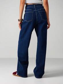 MISSGUIDED Celana Jeans Wanita Model High Rise Wide Leg - Celana Palazzo Denim Vintage dengan Jahitan Kontras - Bawahan Kasual Musim Gugur dan Musim Dingin - Biru - View 2