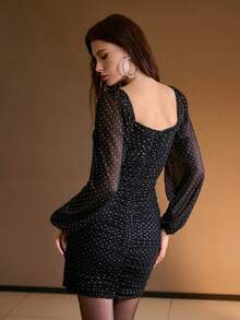 MOTF PREMIUM SWEETHEART NECK POLKA DOT PRINT GATHERED DRESS, FALL WINTER - Black - View 3