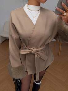 SHEIN EZwear 女士纯色落肩长袖仿毛皮袖口和腰带设计时尚大衣，秋冬棕色女式大衣 - 咖啡棕 - 查看 3