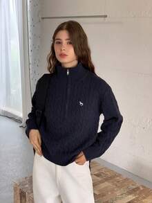 DAZY Teen Girl Solid Color Half-Zip Dropped Shoulder Long Sleeve Cable Knit Casual Pullover Sweater - Navy Blue - View 6