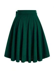 SHEIN Clasi 大码女式休闲纯色蝴蝶结A字裙 - 墨綠色 - 查看 2