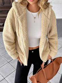 Chiquease 2025 Autumn & Winter New Arrival Women's Fleece Coat - Thickened Warm Hooded Design (With Adjustable Drawstring + Smooth Zipper Closure), Skin-Friendly Fleece Texture That Doesn't Shed, Versatile Outerwear For Office/Daily/Casual Occasions - Apricot - View 6
