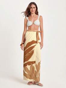 CAJUNI 女式波西米亚热带风棕色和米色印花休闲夏季沙滩泳衣罩衫纱笼裙 - 咖啡棕 - 查看 3