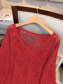 GlowEve CURVE 大码女式镂空七分袖针织毛衣 - 紅色 - 查看 3