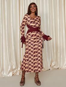 Eryvara 女士优雅时尚简约百搭通勤修身菱形格子撞色袖口蝴蝶结两件套，秋冬 - 彩色 - 查看 6