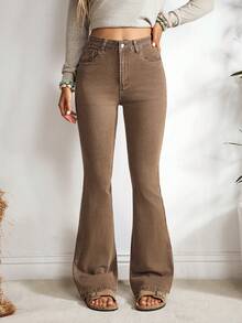 EMERY ROSE 纯色紧身喇叭腿休闲牛仔裤 - 咖啡棕 - 查看 5