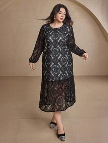 Dazy Plus Vestido Solto de Manga Lanterna com Renda Estilo A-Line para Mulheres Plus Size, Adequado para Festa, Encontro, Baile de Formatura, Vestidos Elegantes para Mulheres - Preto - Visão 3