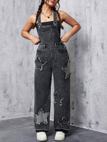 SHEIN Teen Girl Y2k Frayed Patchwork Star Gray Denim Loose Fit Overalls,Fall Clothes,Winter Clothing ,Casual And Fashionable Vacation Outfits,2000s Style ,Halloween Denim Jeans ,Christmas Outfits,Street Wear  Overalls,Bluck Denim Pants