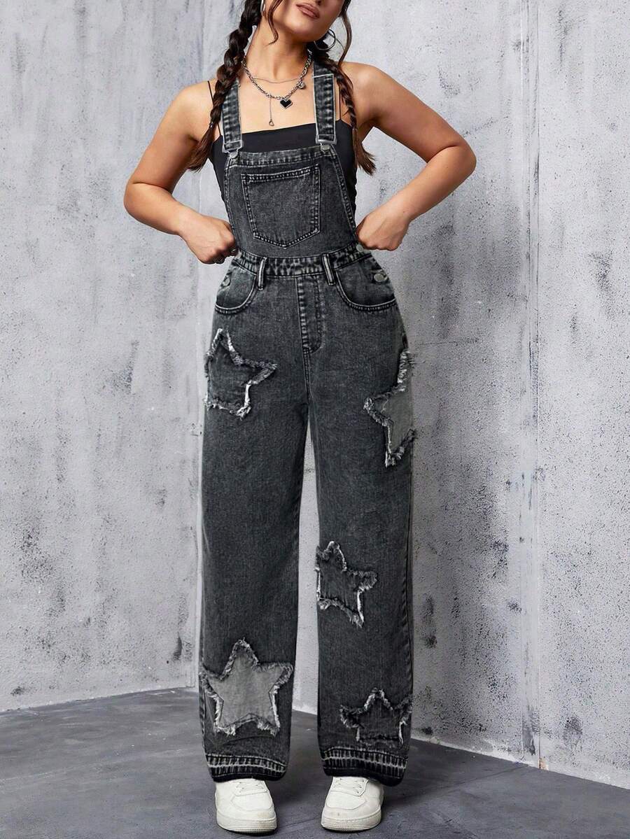 SHEIN Teen Girl Y2k Frayed Patchwork Star Gray Denim Loose Fit Overalls,Fall Clothes,Winter Clothing ,Casual And Fashionable Vacation Outfits,2000s Style ,Halloween Denim Jeans ,Christmas Outfits,Street Wear  Overalls,Bluck Denim Pants