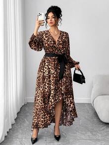 Cravure Plus Size Women Sexy Waist Belt Leopard Print High Slit Ruffle Hem Long Sleeve Dress - Khaki - View 4
