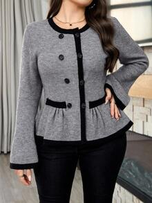 Modelyn Áo khoác cardigan tay loe viền màu thanh lịch cỡ lớn dành cho người đi làm - Xám - Xem 6