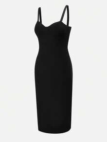 Nuvra 女式无袖低胸双层收腹塑身吊带裙，带衬里，收腰提臀，中长款塑身裙 - 黑色 - 查看 12