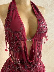 Soleia 2 件合身闪亮流苏亮片垂坠领吊带背心和迷你裙套装，适合音乐节、派对、中国红、年会、圣诞节、万圣节 - 酒紅色 - 查看 5