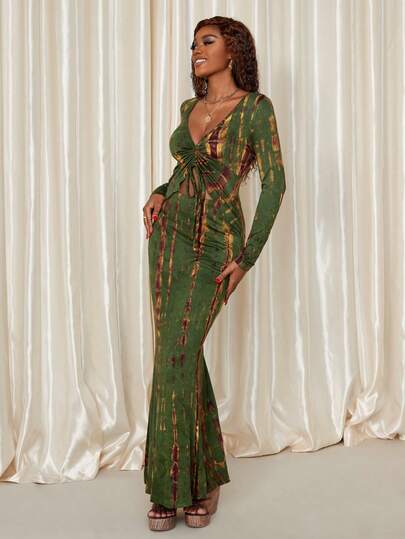 Eryvara 女式长袖扎染抽绳低领修身长裙