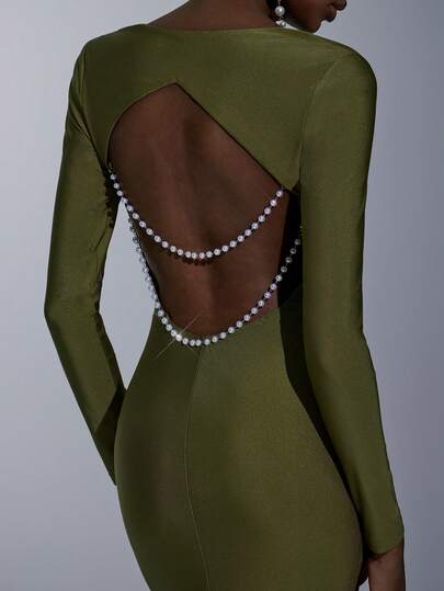 Elitara Elegante, romántico, de moda, gris-verde, de tejido elástico de punto, de manga larga, con decoración de perlas falsas, sin espalda, con bajo de cola de pez y cola, ideal para influencers, vacaciones, fiestas de cumpleaños, eventos de boda, vestido de dama de honor