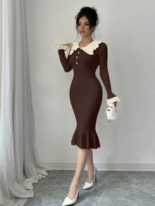 Elenzga Vestido de punto de manga larga con volantes en el bajo y contraste de color para mujer - Café integral - Ver 6