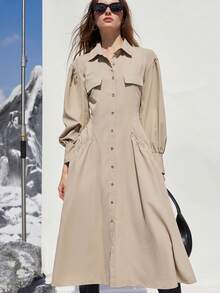 Aveloria Modichic Elegant Waist Cinched Solid Color Long Sleeve Dress, Fashionable & Versatile, Suitable For Commuting, European & American Style, Autumn/Winter - Khaki - View 5