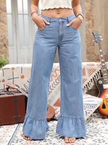 EMERY ROSE Quần jeans ống rộng viền nhún bèo giặt thường ngày cho nữ - Rửa nhẹ - Xem 3