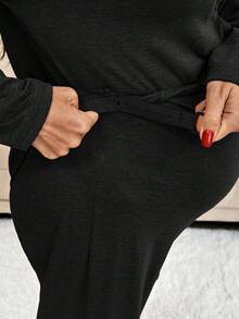 SHEIN Bộ 2 áo thun dài tay cổ ve màu trơn cho bà bầu, áo và quần dài tay cài nút đơn - màu đen - Xem 4