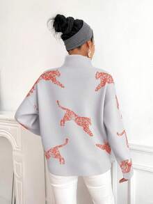 SHEIN Clasi 女式豹纹立领休闲长袖套头衫 - 灰色 - 查看 2