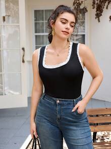 SHEIN Frenchy Plus Size Women Contrast Color Strap Camisole, Casual Fashion Black Camisole - Black and White - View 5