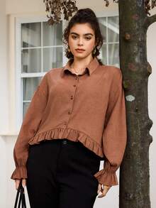 SHEIN Frenchy Blusa Casual Plus Size com Babado na Barra, Cor Sólida, Outono - Castanho - Visão 8