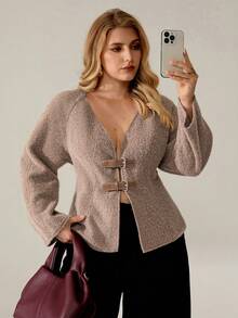 Auralis Plus Size Women's Autumn And Winter Elegant And Comfortable Daily Khaki Belt Buckle V-Neck Jacket,Fall,Winter Coats,Y2k,Women's Winter Fall/Winter - Khaki - View 12