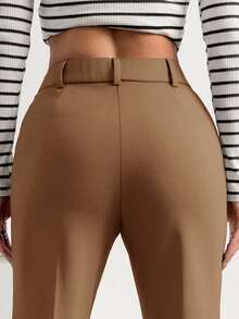SHEIN EZwear 时尚通勤驼色针织修身喇叭裤 - 駝色 - 查看 2
