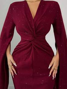 SHEIN Elenzya Đầm dài dự tiệc thanh lịch, vải sequin dệt kim họa tiết mới dành cho nữ, thiết kế xoắn, trẻ trung và duyên dáng, mùa thu/đông - Màu Đỏ Sâu - Xem 5