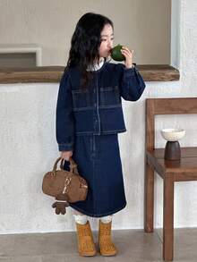 DAZY 女童牛仔上衣和裙子套装 - 藍色 - 查看 3