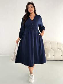 SHEIN Essnce 大码女装秋冬时尚休闲宽松舒适日常深蓝色 V 领长袖腰中长连衣裙带口袋，秋季服装，简约风格，工作服 - 藏蓝色 - 查看 7