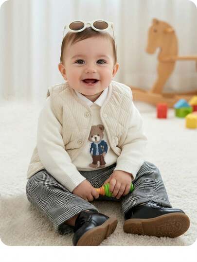 SHEIN Mantel Bayi Perempuan Tanpa Lengan Bergaris dengan Lapisan Termal, Kancing Depan, Hangat dan Empuk, Musim Dingin