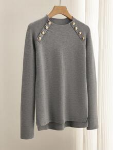 SHEIN LUNE Women's Solid Color Metal Button Design Raglan Sleeve Casual Pullover Sweater, Autumn/Winter - Grey - View 1