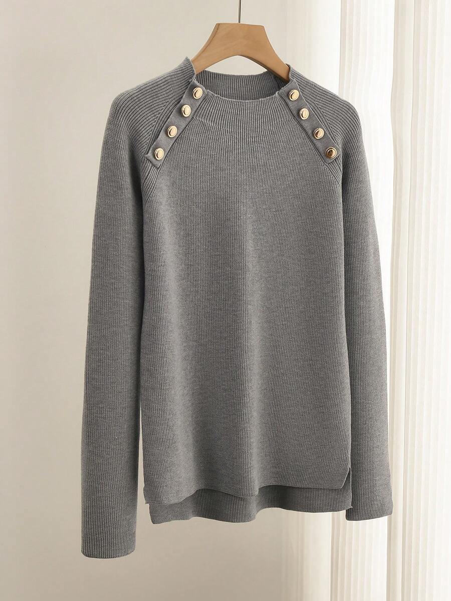 SHEIN LUNE Women's Solid Color Metal Button Design Raglan Sleeve Casual Pullover Sweater, Autumn/Winter - Grey - View 1