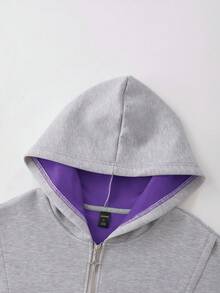 ROMWE MEN Casual 春季休闲男士拼接撞色拉链连帽卫衣，复古街头风，长袖上衣，Y2K风格 - 紫色 - 查看 2
