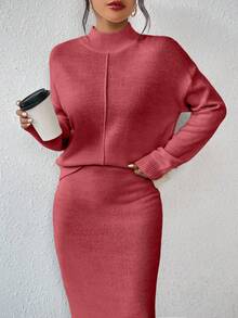 RosyDaze 女式纯色简约日常长袖上衣和裙子针织两件套，休闲 - 西瓜粉 - 查看 6