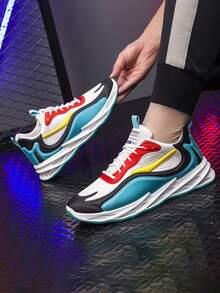 Zapatillas casuales para hombre, zapatillas de tenis transpirables, zapatillas para correr para hombre, estilo casual, diseño de empalme de bloques multicolores, suela cómoda antideslizante, adecuada para caminar, deportes, gimnasio, moda, peso ligero, - Verde - Ver 4