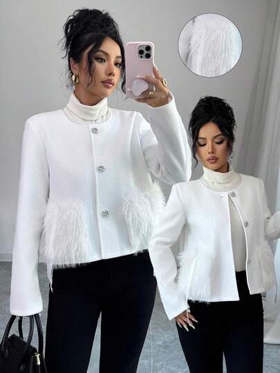 Elenzga Women's Fashionable Autumn/Winter White Wool Fur Pocket Jacket