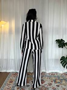 SHEIN Tall 女士优雅通勤休闲黑白条纹两件套长袖套装 - 黑與白 - 查看 2