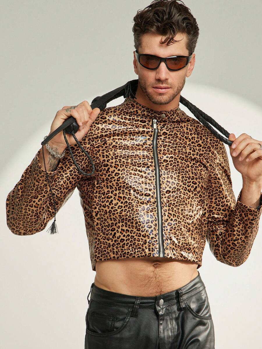 FeverCity Men's Fashionable Sexy Leopard Print Zip-Up Short Jacket - Multicolor - View 1