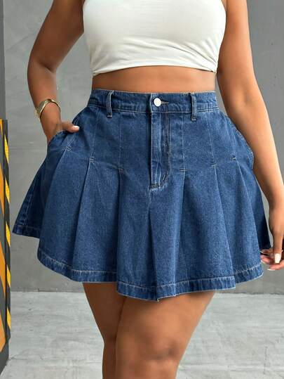 Slaydiva Plus Size Casual Washed Pleated Denim Skirt