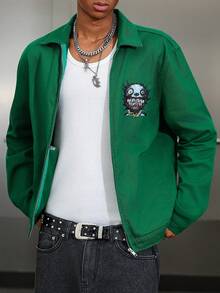 Manfinity ZONE917 Men's Casual Cartoon Pattern Zip-Up Denim Long Sleeve Jacket, Autumn OVERSIZE Regular Washed Party College Washed Denim Jacket - Green - View 7