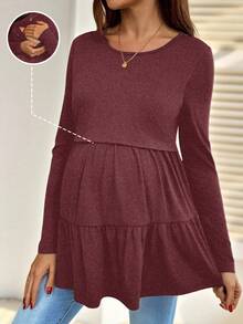 SHEIN 哺乳圆领落肩长袖褶皱休闲舒适荷叶边下摆上衣