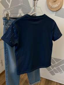 Resyla Shiny Rhinestone Embellished Minimalist Women's Regular Crew Neck Short Sleeve T-Shirt, Gift For Friends - Navy Blue - View 2